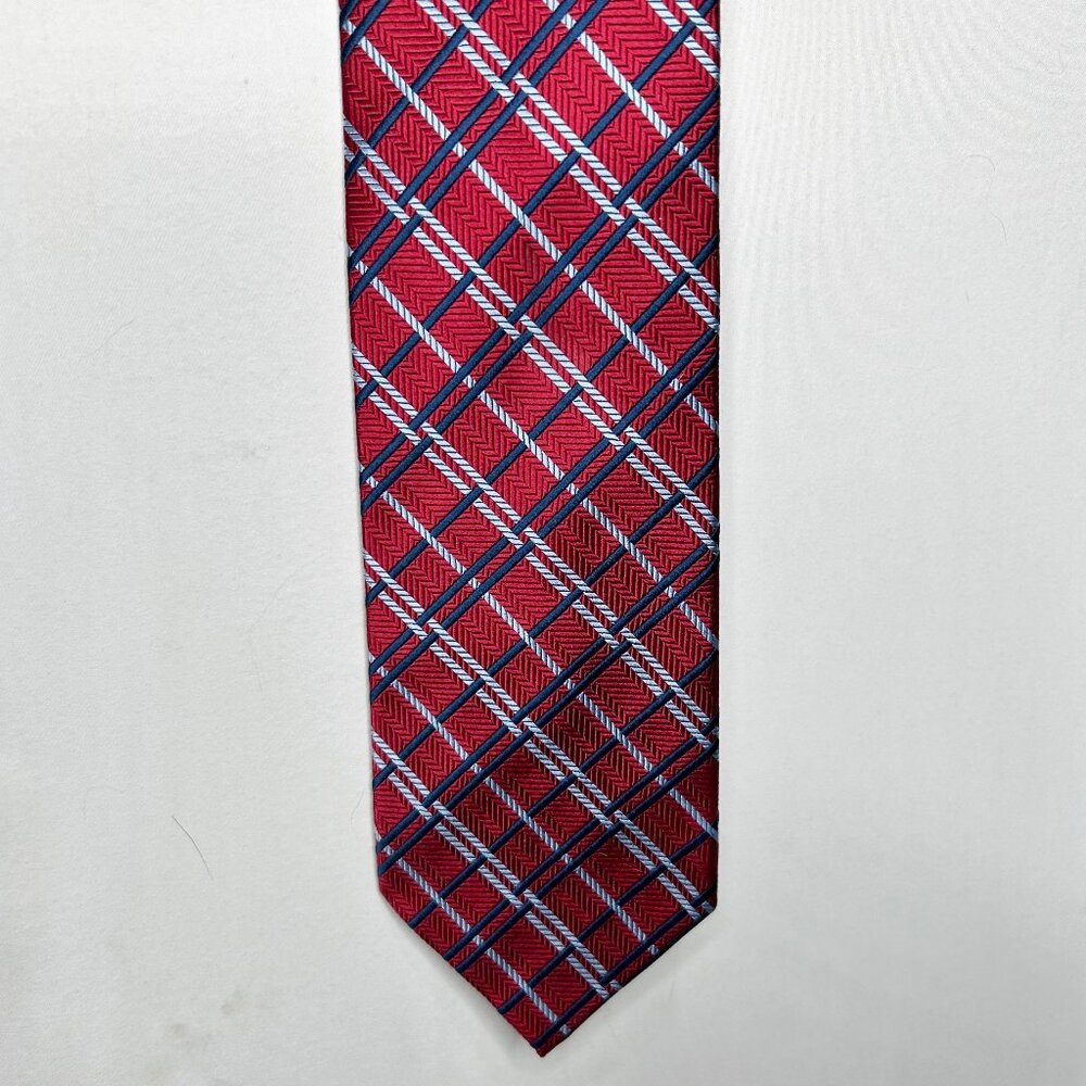Bachrach Men’s Neck Tie 3 ½” Red Blue Plaid Textured Silk Handmade Necktie